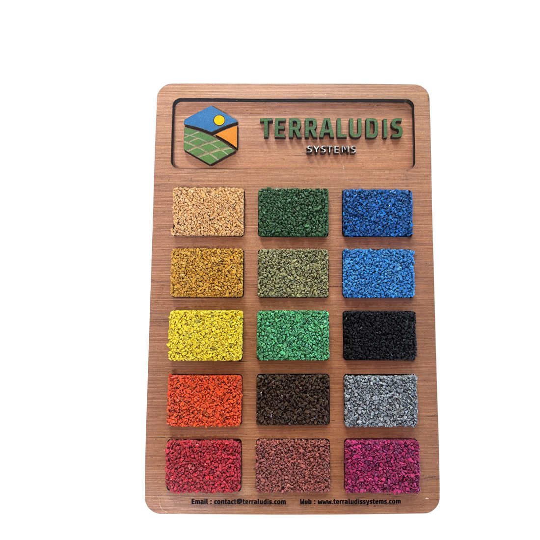 Plaquette nuancier Terraludis Systems — 15 échantillons réels de granulés colorés sur support bois